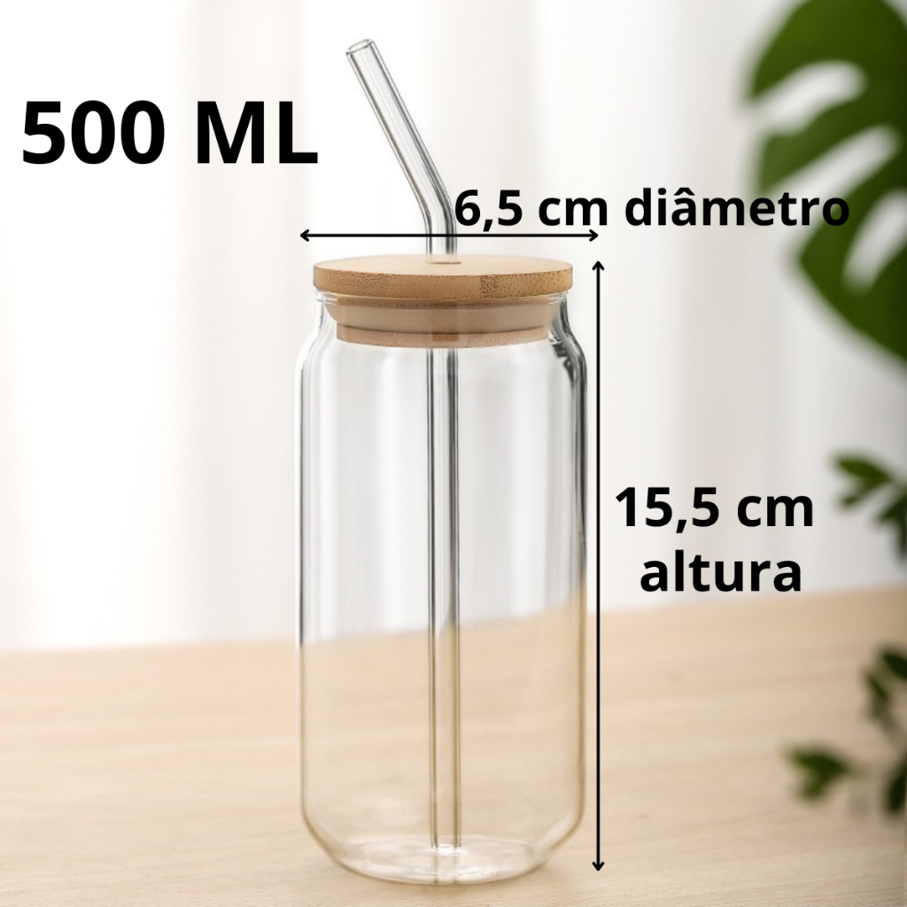 !!Envio Rápido- Copo de Vidro com Tampa de Bambu e Canudo de inox 500ml ...
