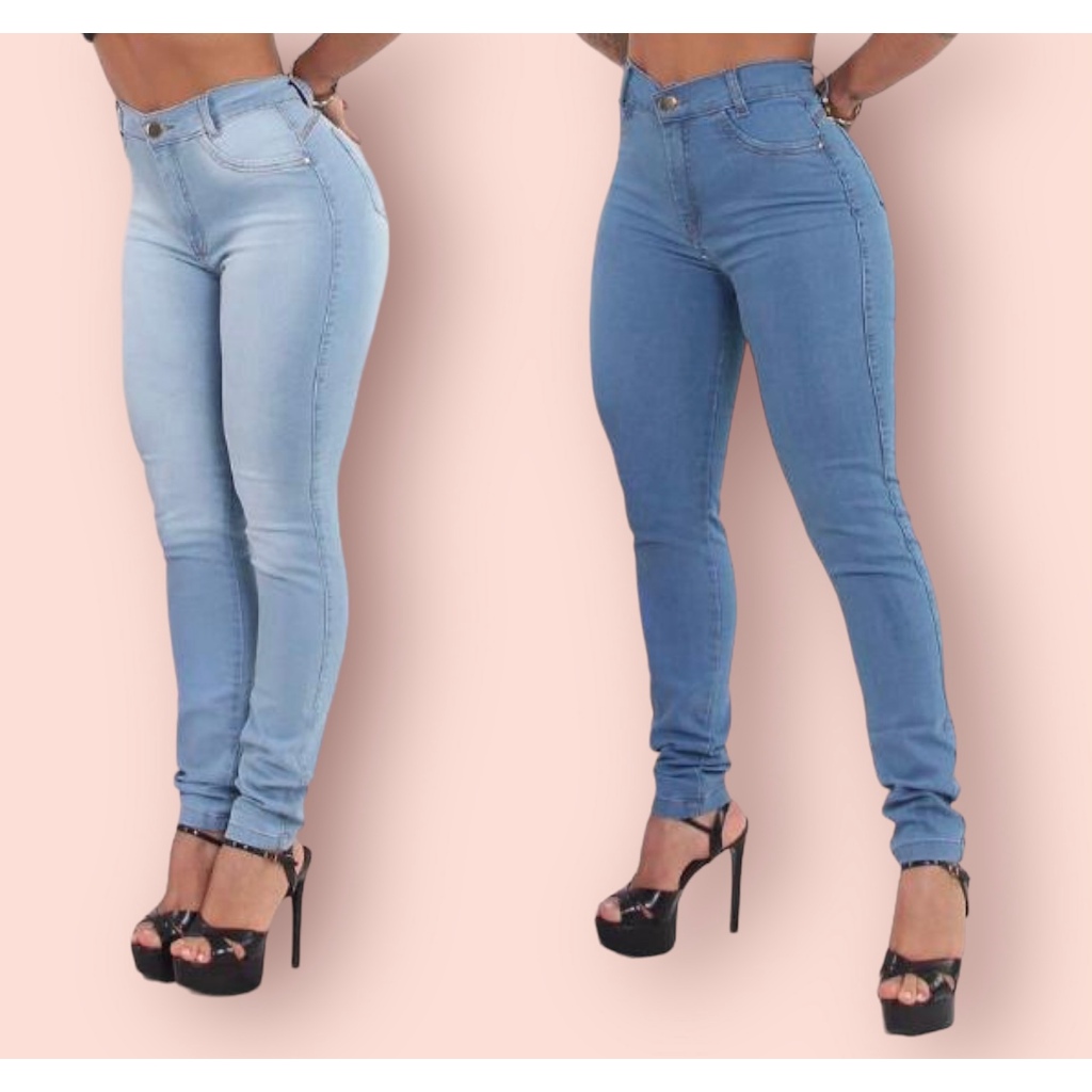 Kit com 2 Calças Femininas Jeans Skinny Cintura Alta Com Lycra