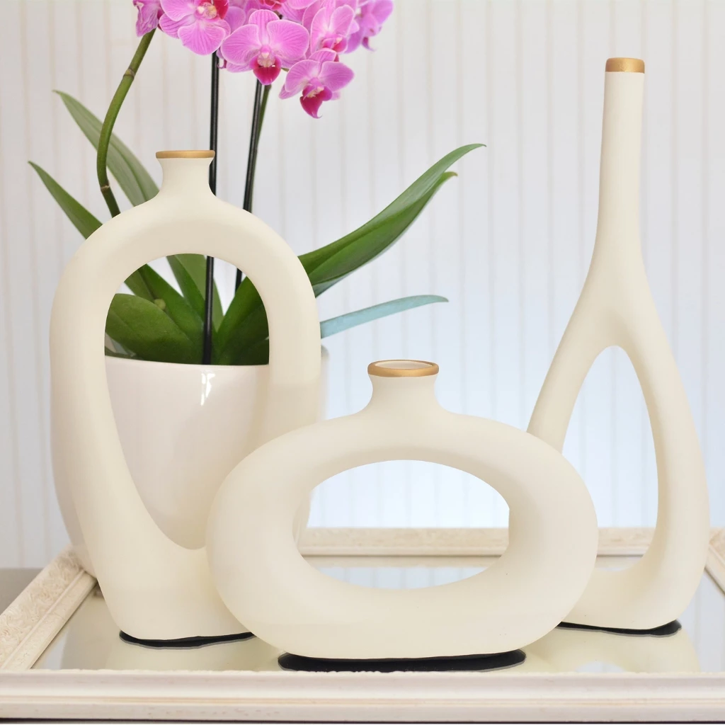 vaso decorado Kit conjunto Trio Ceramica Enfeite Decorativo Centro Mesa Sala rack Garrafa Decoração