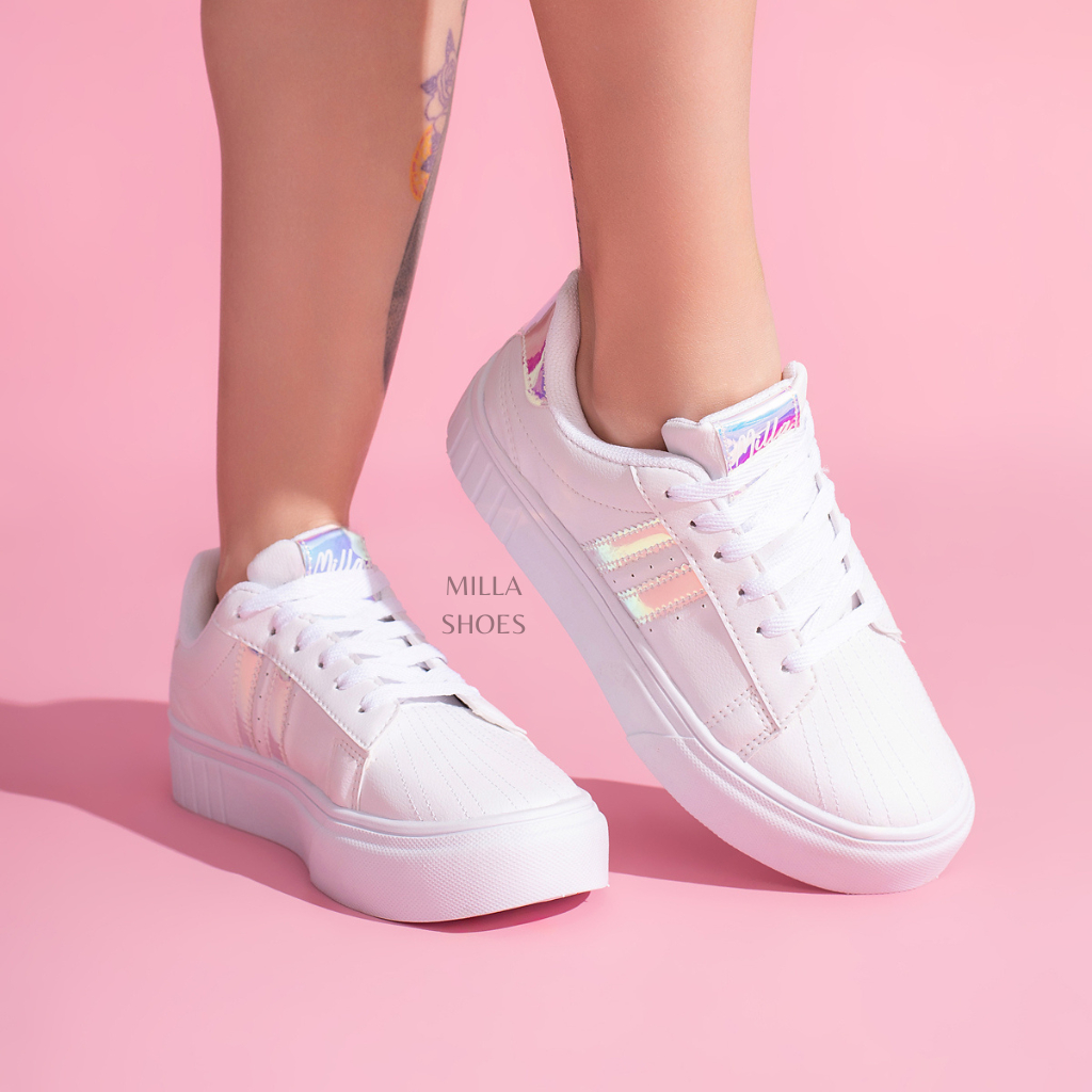 Tenis Feminino Branco Casual Holografico