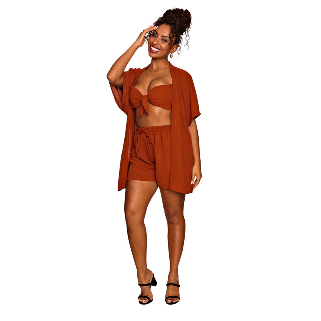 Conjunto 3 pç Feminina (kimono+short+cropped) Estampas Florais