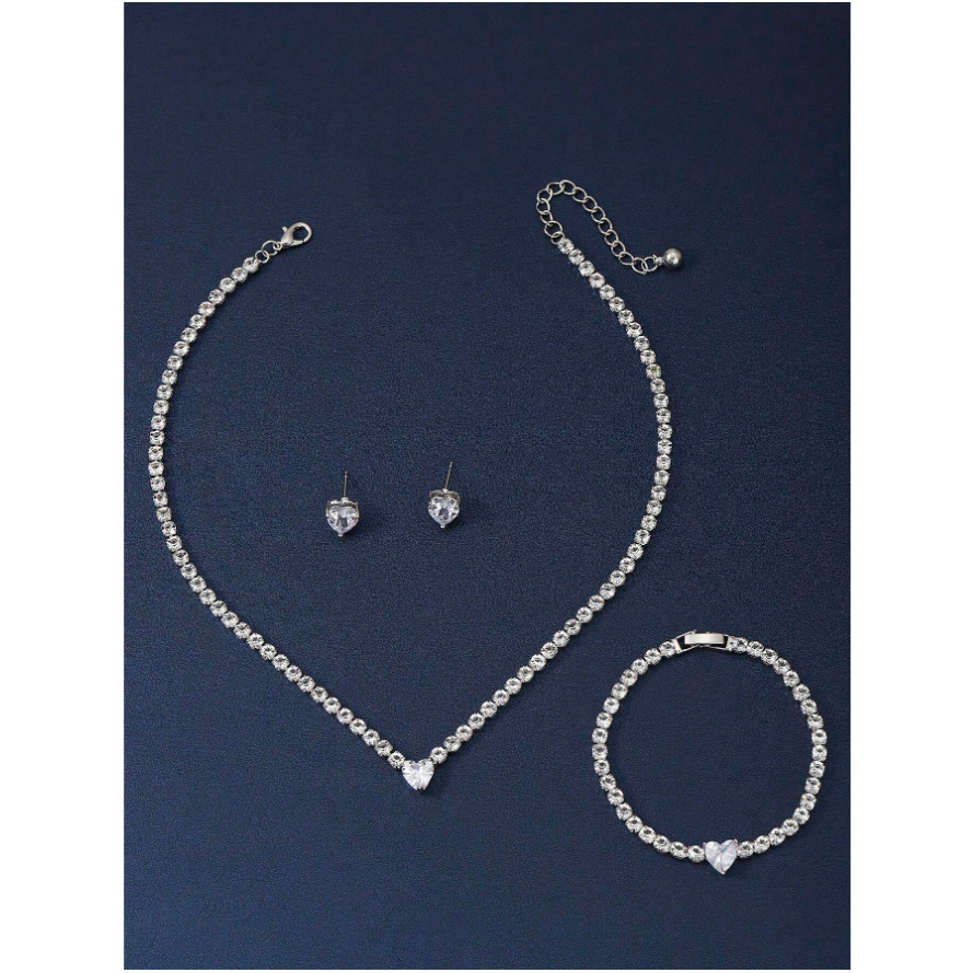 Conjunto Colar Brinco Pulseira Detalhe Coração - Conjunto para