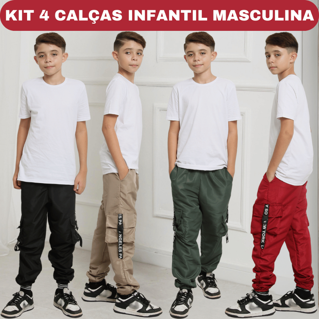 Kit 4 Calça Infantil Menino Jogger Cargo Juvenil Tactel 10 12 14 Anos ...