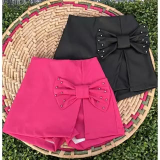 Short Saia de Couro Infantil -Moda Blogueirinha -Laçinho com Pérolas