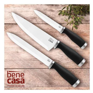 Kit Conjunto com 3 Facas em Inox Cabo Plástico Churrasco e Cozinha Faqueiro