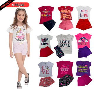 Conjunto Feminino Infantil Verão - 4 Camisetas + 4 Shorts ( 4 Conjuntos Tamanhos 1 ao 14 )