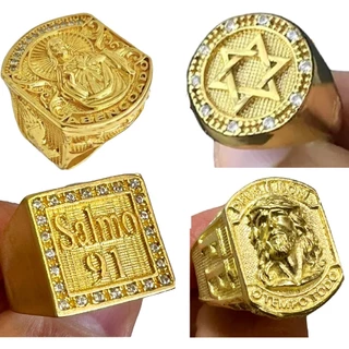 DEDEIRA ANEL RELIGIOSO JESUS CRISTO NOSSA SENHORA SALMO 91 MOEDA ANTIGA ESTRELA SORTE LEÃO MASCULINO
