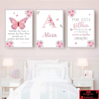 Quadros Infantil Menina Sonhe Alto Floral Borboletas com Nome Personalizado 3 Peças