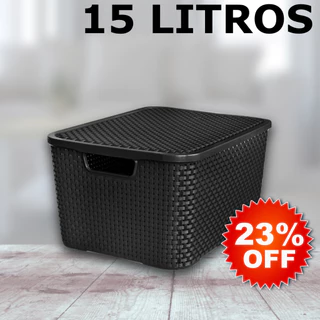 Caixa / Cesta Organizadora Media 15 Litros Empilhavel Rattan Preta - Cesto Organizador 15L