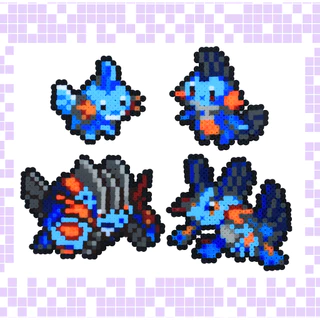 Pokemon Linha Evolutiva Mudkip, Marshtomp, Swampert, Mega Swampert Chaveiro, Imã ou Broche Pixel Art Bead Perler