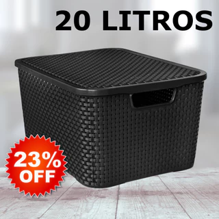 Caixa / Cesta Organizadora Grande 20 Litros Empilhavel Rattan Preta - Cesto Organizador 20L Para Guardar Coisas , Brinquedos