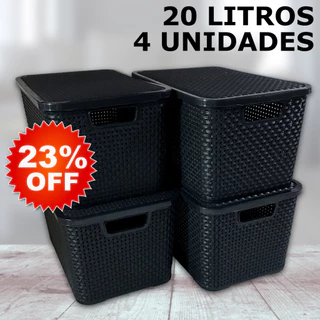 Kit 4 Caixa / Cesta Organizadora Grande 20 Litros Empilhavel Rattan Preta - Cesto Organizador 20L Para Guardar Coisas , Brinquedos em Oferta na Shopee