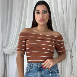 Blusa ombro a ombro listrada cropped manga curta ribana tendência de luxo next modas