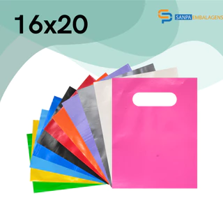 100 e 50 unidades Sacola Plástica Boca de Palhaço Alça Vazada 16x20