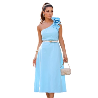 Vestido Mula Manca Midi Feminino Com Babados Luxo Tendência Elegante