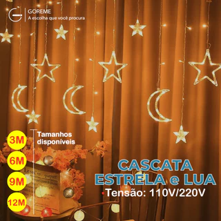 12 Metros Pisca Pisca Fio de Fada LED c/ Cascata de luzes Estrela e Lua 9W Cortina com 8 modos de luz Branco Quente 110V ou 220V