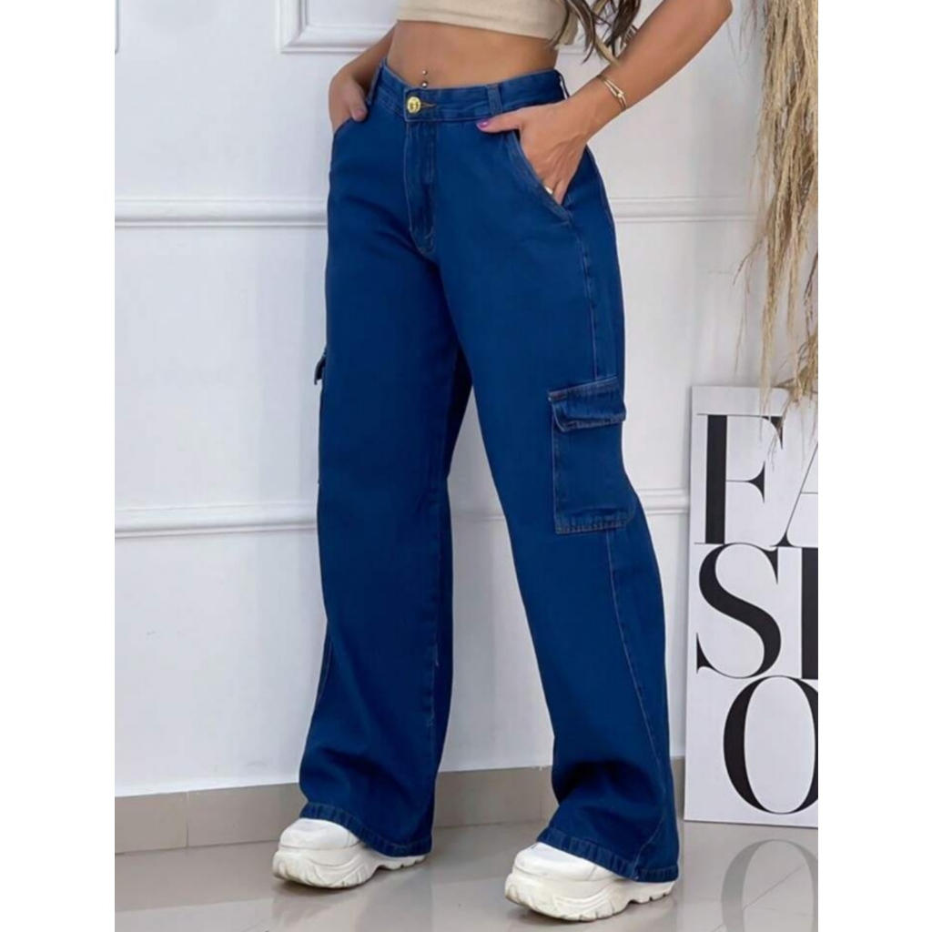 【10月24日迄】lig. wide cargo pant Blue Calça Jeans Wide Leg Cargo Bolso Lateral Pantalona Cargo 34 ao 46