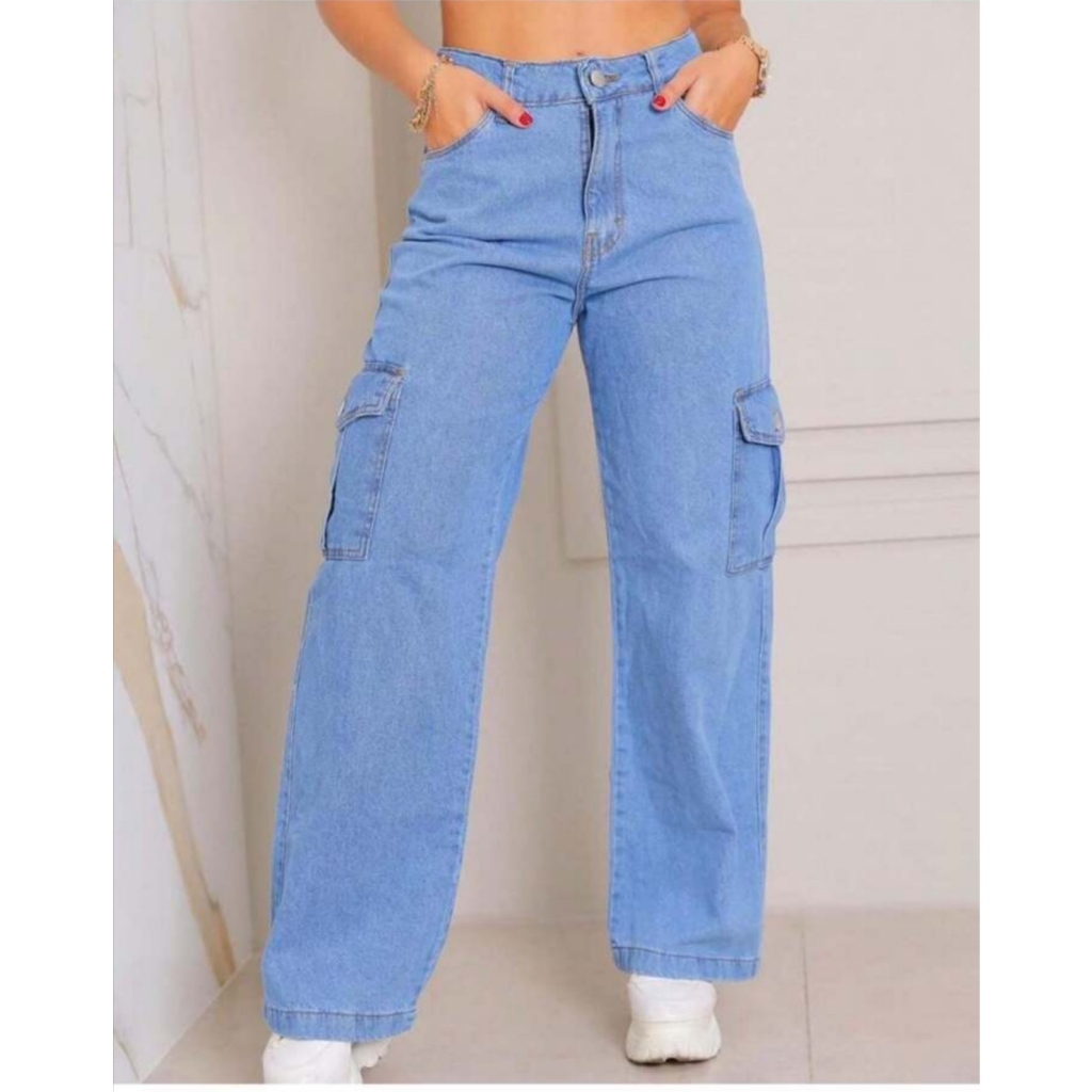 Calça Jeans Wide Leg Cargo Bolso Lateral Pantalona Cargo 34 ao 46
