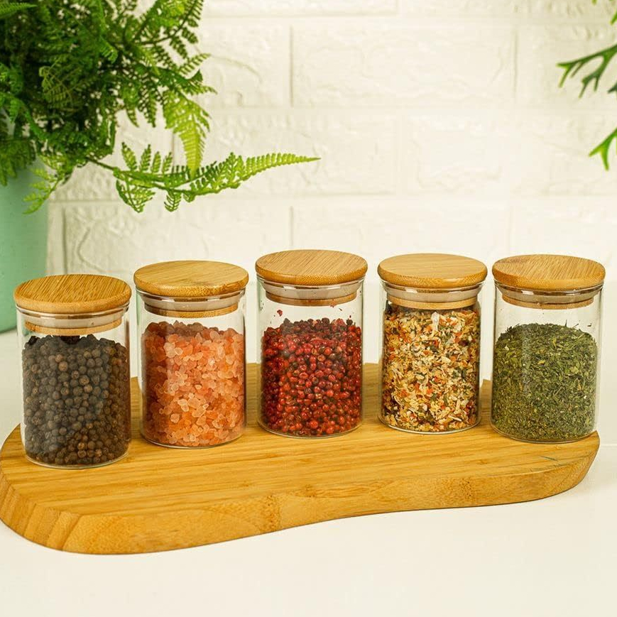 Kit 5 Potes 300ml Mantimentos Vidro Com Tampa De Bambu