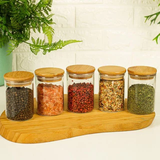 Kit 5 Potes 300ml Mantimentos Vidro Com Tampa De Bambu