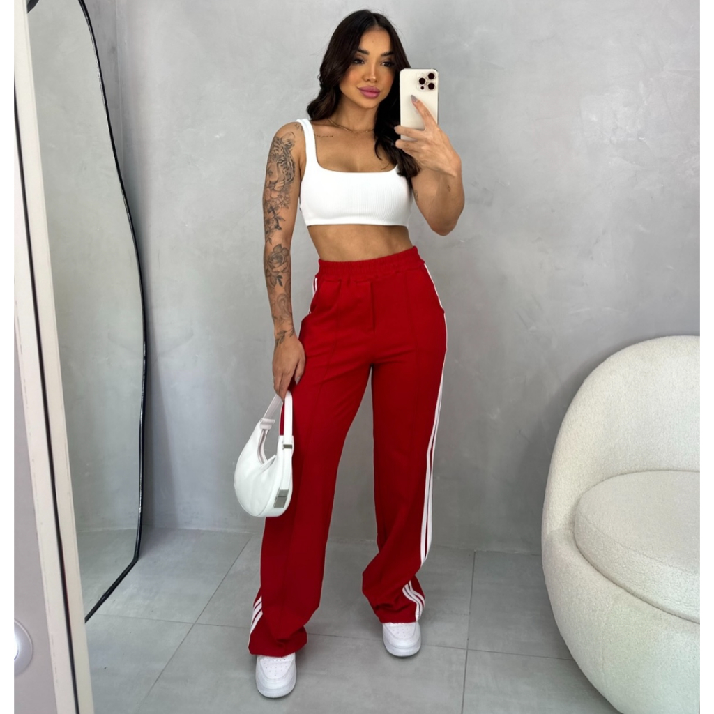 Calça Pantalona CalÇa Jeans Com Listra Lateral Feminina Calça