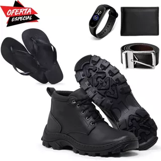 Kit 4 com Bota Coturno + Cinto Relogio Chinelo e Carteira