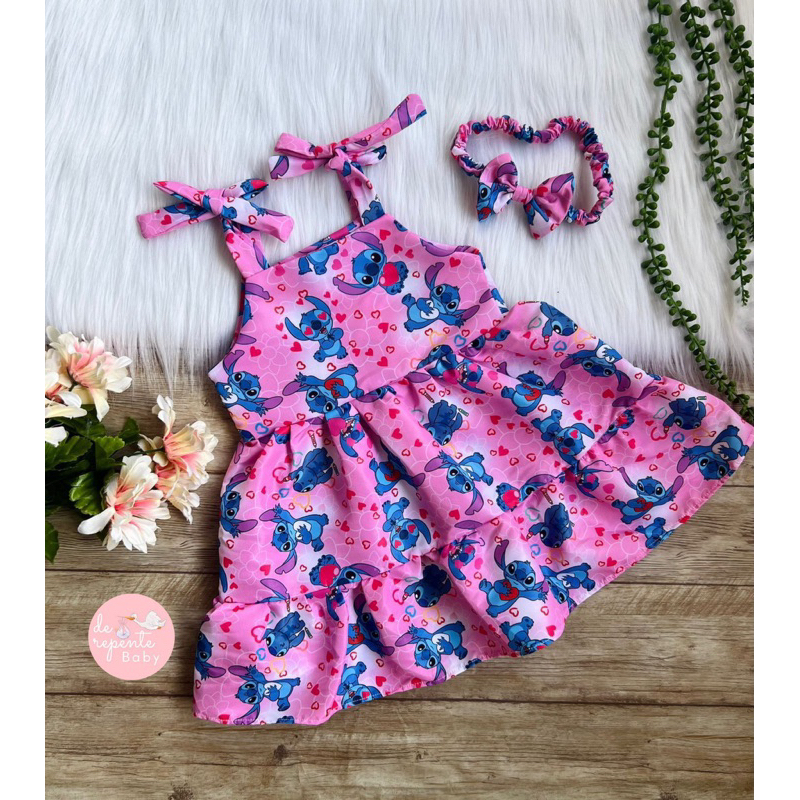 Vestido Stitch Rosa Alcinha de Amarrar (1 a anos) Coração