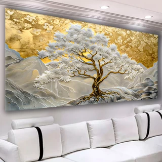 Quadros Decorativos Grande 112X80 Árvore Branca Gold Paisagem Sala Quarto Luxo