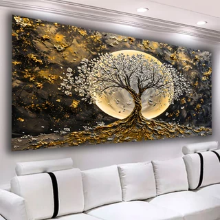 Quadro Decorativo 112X82 Full HD Lua Dourada Árvore Branca Paisagem Luxo Sala Quarto