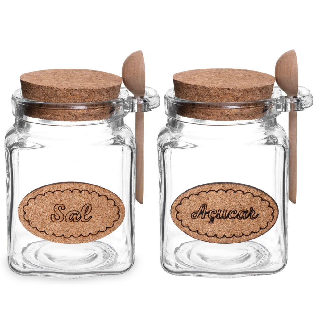Kit Saleiro e Açucareiro Vidro Grosso com Colher Tampa Rolha Cortiça Capacidade 300 Gramas