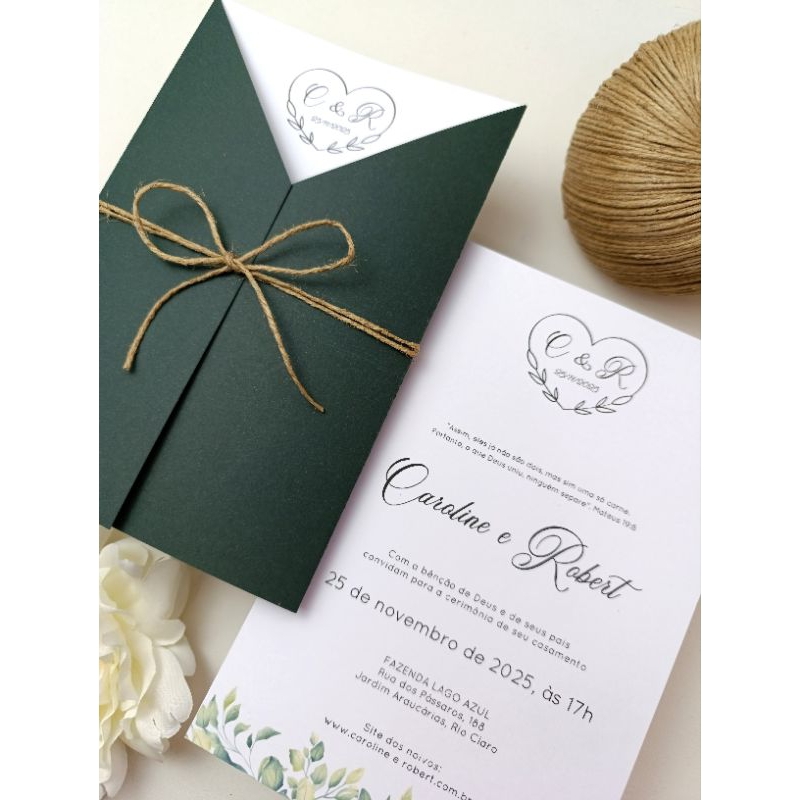 Convite de casamento com envelope em V (várias cores)