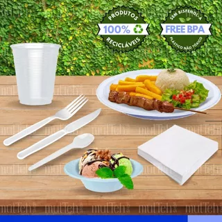 Kit Descartáveis Refeição Churrasco Almoço Completo Copo 300 ml Prato Garfo Faca Guardanapo