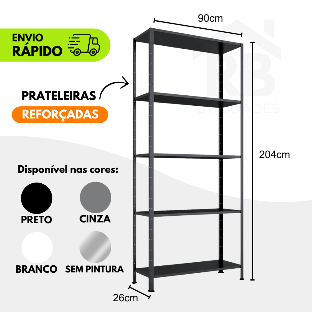 Estante Prateleira Aço Ferro Multiuso 5 Prateleiras 204cm X 90cm - Organização Casa - Preto - Cinza - Branco