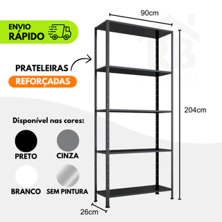 Estante Prateleira Aço Ferro Multiuso 5 Prateleiras 204cm X 90cm - Organização Casa - Preto - Cinza - Branco