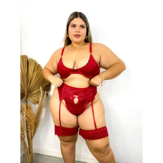 Conjunto Cleo Plus Size Sexy Cinta Liga Renda Lingerie Sutiã Reforcado Sem Bojo Com Aro Sensual