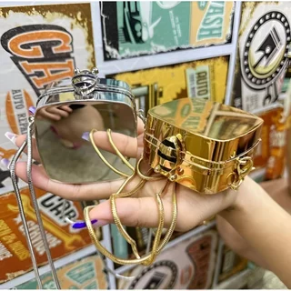 Bolsa Pequena Metálica Espelhada Quadrada Mini Tiracolo Com Espelho