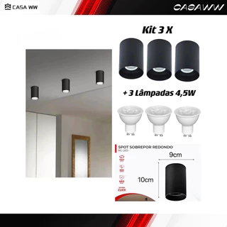 KIT 3 SPOT SOBREPOR REDONDO PRETO COM 3 LAMPADAS LED 4,5W INMETRO