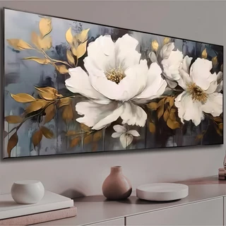 Quadros Decorativos Sala Grande 112X80 Abstrato Flores Brancas Arte Floral Pintura Quarto