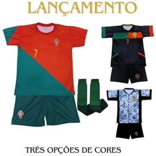 Kit Conjunto Futebol Infantil Juvenil com Camisa e bermuda Meião Cristiano Ronaldo ENVIO IMEDIATO
