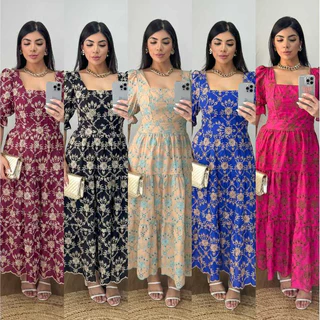 Vestido Longo Lese Algodão Bordado Florido Elegante Manga Bufante