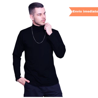 Blusa Cacharrel Masculina Manga Longa Malha Algodão Camiseta Gola Alta Lisa Cor Solida
