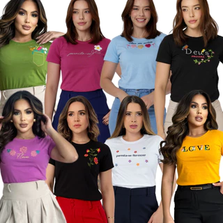 Kit 10 Blusa Bordada T shirt Feminina 100% Algodão Premium Camiseta Alta Qualidade Direto de Fabrica