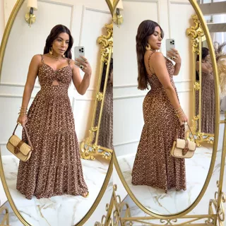 Vestido Longo de Alçinha com Bojo no Viscolinho Estampado Floral