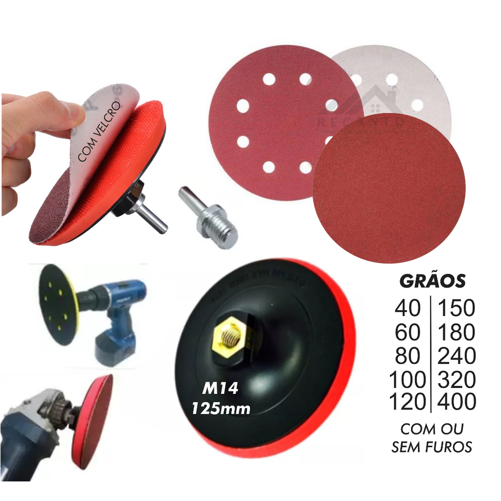Kit 10 Discos Lixa 125mm + Suporte De Boina Furadeira Lixadeira Adaptador M14 com Velcro