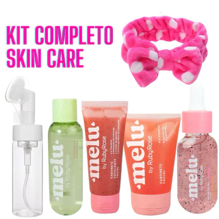 KIT COMPLETO SKIN CARE MELU RubyRose Sabonete Líquido + Esfoliante Facial + Tônico Facial + Sérum Facial + Frasco Pump Espumador + Faixa de Skincare / Maquiagem
