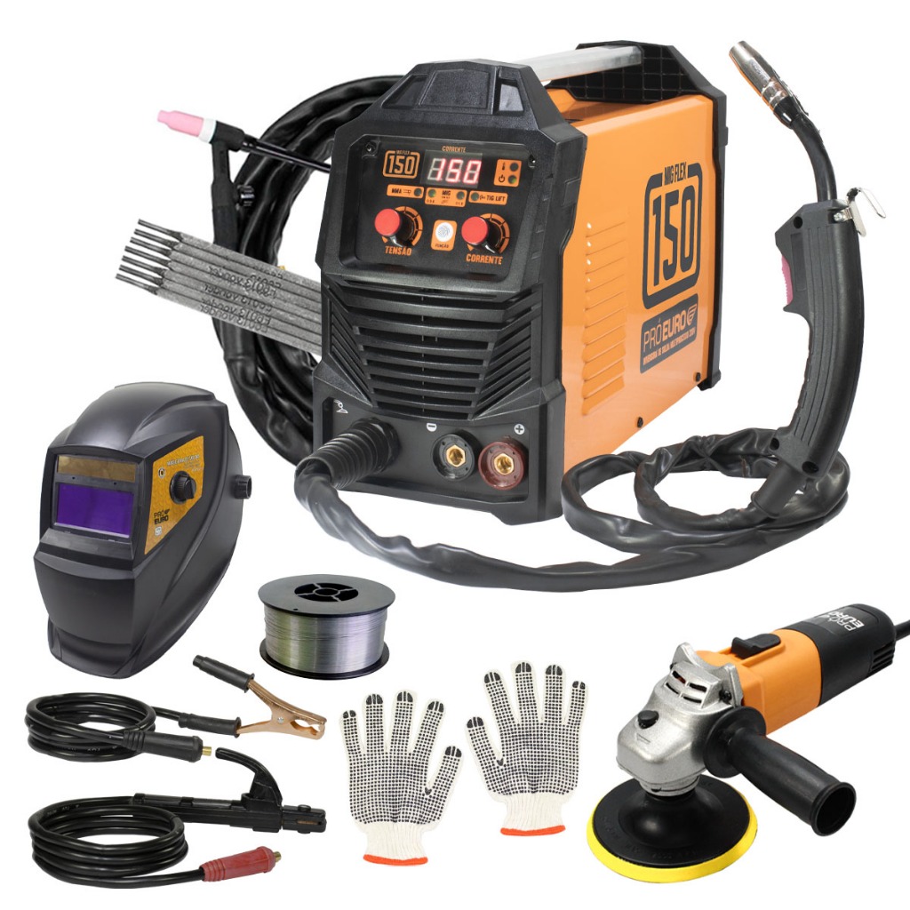 Solda Mig 150 S/ Gás Máscara Arame Esmerilhadeira Tocha Seca Cor Laranja 110v