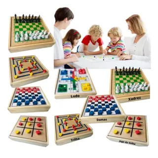 Conjunto Jogos 5x1 Tabuleiro Damas Jogo Da Velha Ludo Trilha Xadrez em Madeira