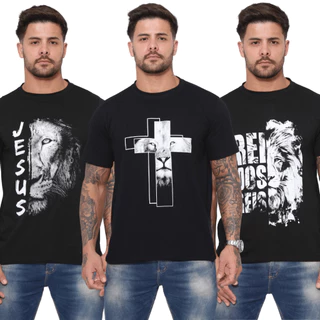 Kit 03 Camiseta Masculina Camisa Blusa Fé Gratidão Jesus Leão Abençoado Evangélica Gospel Religiosa Atacado 100% Algodão