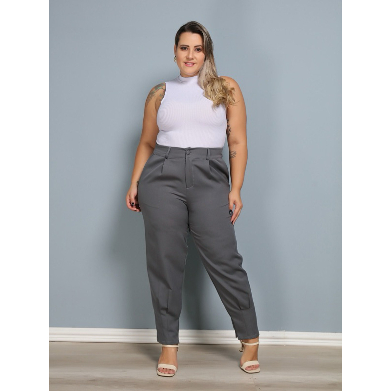 カッチュチャコールグレーXS Calça feminino cenoura detalhes de dobrados com bolso e zíper