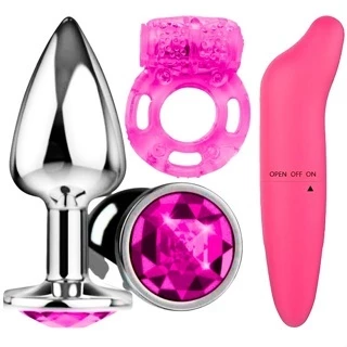 Kit Plug Anal P Inox Dilatador Anal com de Joia Cores Diversas + Vibrador e Estimulador Ponto G Feminino Liso + Anel Peniano Sex Shop